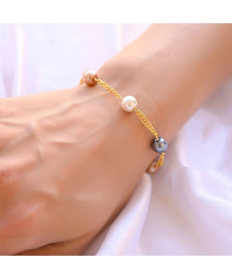 8mm Multi Pearl Duo  Chain Golden Bracelet