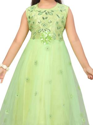 Green plain net kids-girl-gowns 5