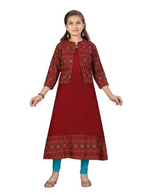 Maroon printed cotton girls-top-bottom 1