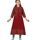 Maroon printed cotton girls-top-bottom