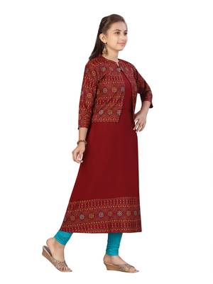 Maroon printed cotton girls-top-bottom 2