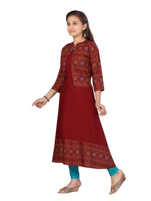 Maroon printed cotton girls-top-bottom 3
