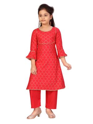Red printed cotton girls-top-bottom 1