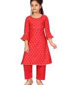 Red printed cotton girls-top-bottom