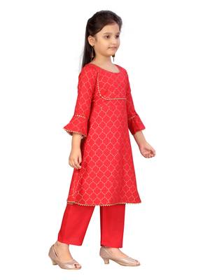Red printed cotton girls-top-bottom 2