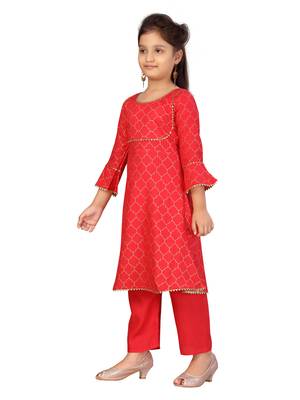Red printed cotton girls-top-bottom 3