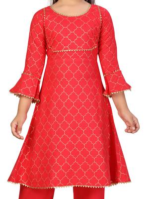 Red printed cotton girls-top-bottom 5