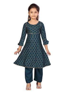 Green printed cotton girls-top-bottom 1