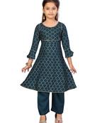 Green printed cotton girls-top-bottom