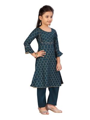 Green printed cotton girls-top-bottom 2
