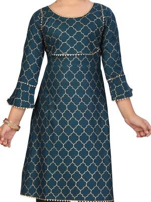 Green printed cotton girls-top-bottom 5