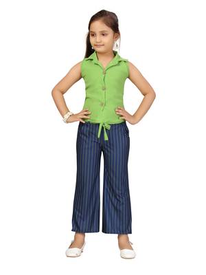 Green plain blended cotton girls-top-bottom 1