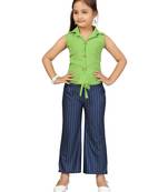 Green plain blended cotton girls-top-bottom