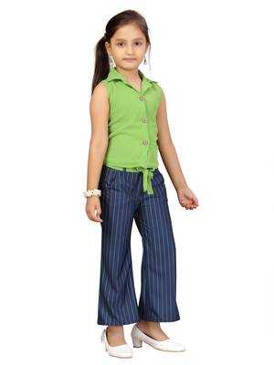Green plain blended cotton girls-top-bottom 2