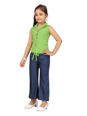Green plain blended cotton girls-top-bottom 3