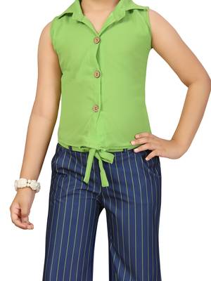 Green plain blended cotton girls-top-bottom 5