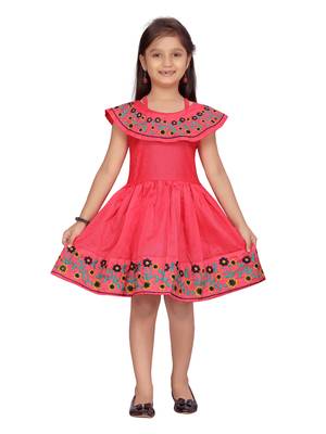 Red plain silk kids-frocks 1