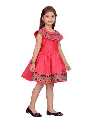 Red plain silk kids-frocks 2