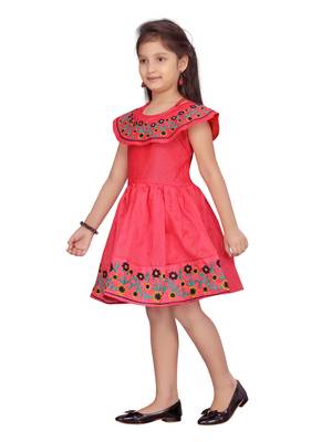 Red plain silk kids-frocks 3