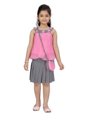 Pink plain pure georgette girls-top-bottom 1