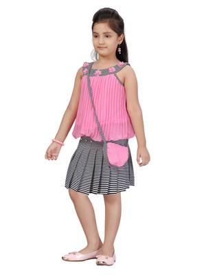 Pink plain pure georgette girls-top-bottom 3