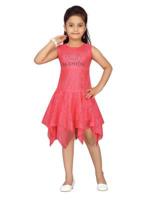 Red plain net kids-frocks 1