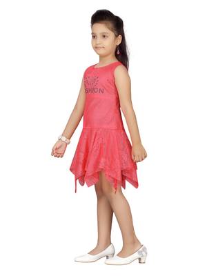 Red plain net kids-frocks 3
