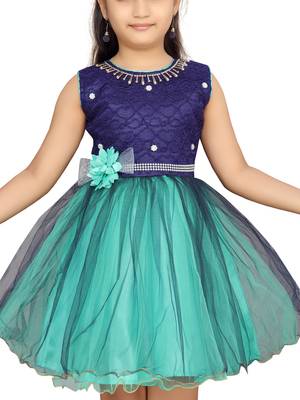 Green hand woven net kids-frocks 5