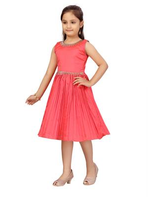 Red plain silk kids-frocks 3