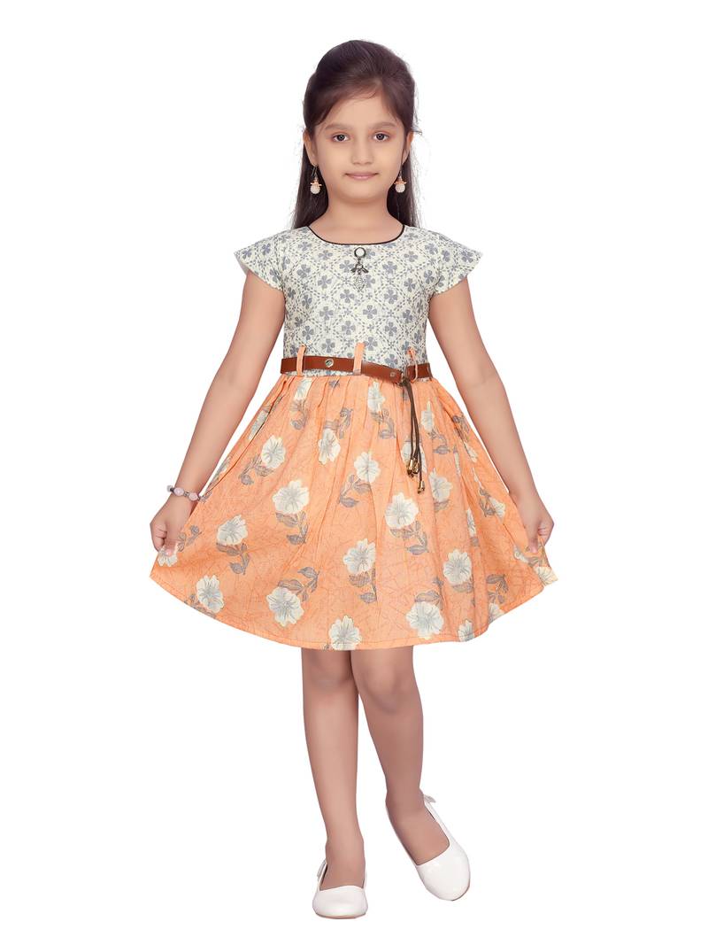 Orange printed pure cotton kids-frocks