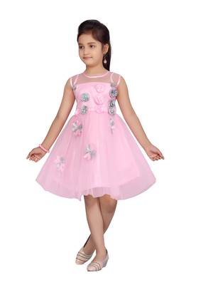 Pink plain net kids-frocks 1