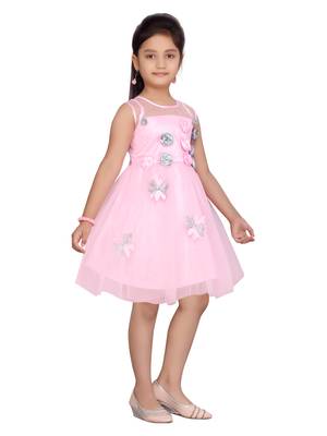Pink plain net kids-frocks 2
