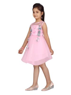 Pink plain net kids-frocks 3
