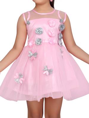 Pink plain net kids-frocks 5