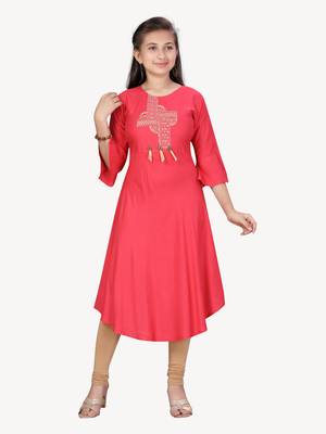 Red embroidered cotton girls-top-bottom 1