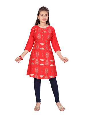 Red printed cotton girls-top-bottom 1