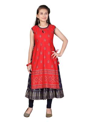 Red printed cotton girls-top-bottom 1