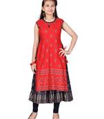 Red printed cotton girls-top-bottom