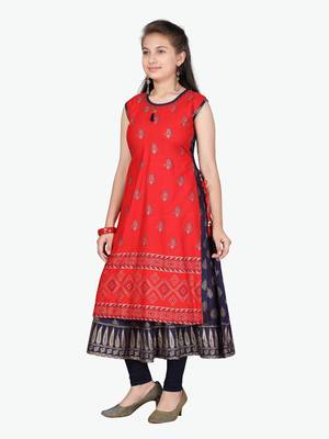 Red printed cotton girls-top-bottom 3