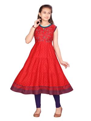 Red printed cotton girls-top-bottom 1
