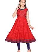 Red printed cotton girls-top-bottom