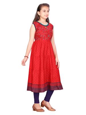 Red printed cotton girls-top-bottom 2
