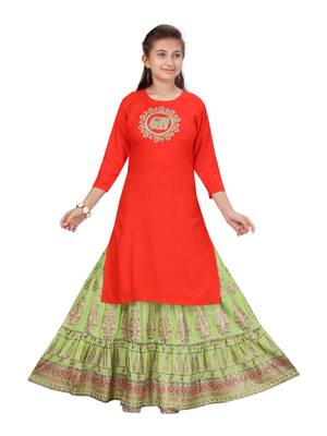 Orange embroidered cotton girls-top-bottom 1