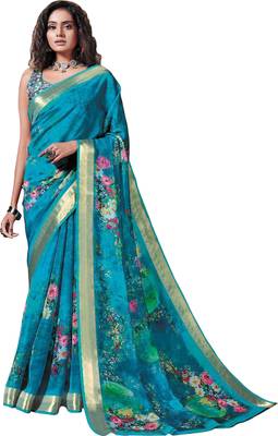 Turquiose printed organza saree with blouse 1