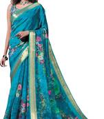 Turquiose printed organza saree with blouse
