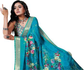 Turquiose printed organza saree with blouse 2