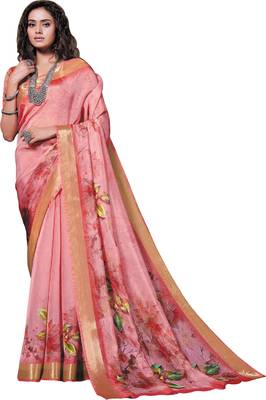 Pink printed organza saree with blouse 1
