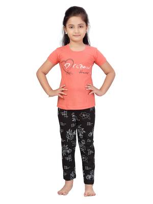 Orange printed cotton girls-top-bottom 1