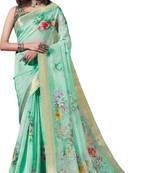 Turquiose printed organza saree with blouse