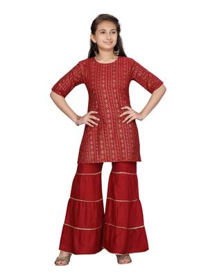 Maroon printed pure cotton girls-top-bottom 1